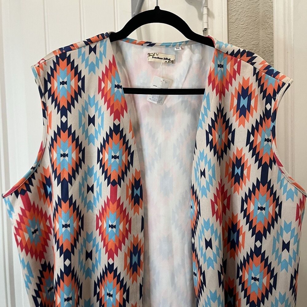 Southern Stitch Aztec Blue Orange Diamond Sleeveless Fringe Boho Kimono Open Top - Picture 2 of 9